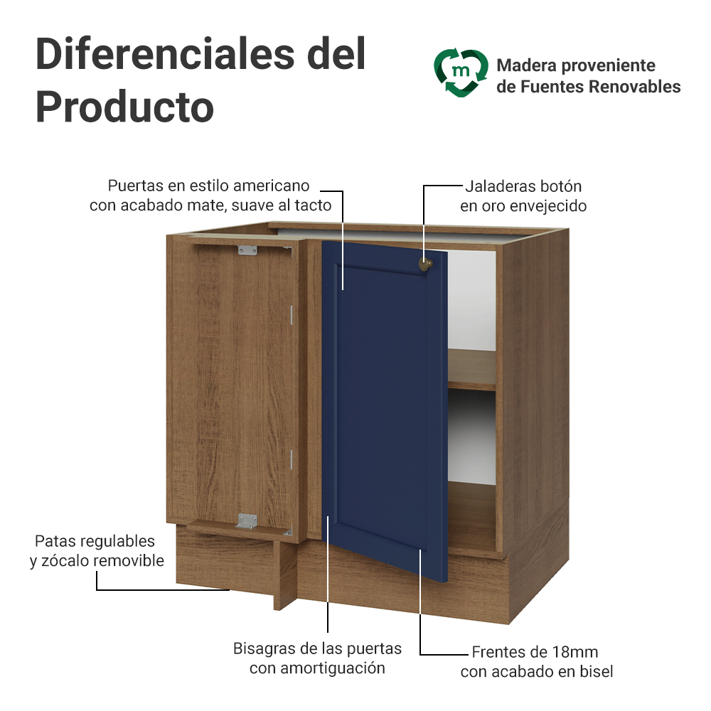 Bajo Mesada esquinero para Linha de 60 cm Profundidade (Sin Mesada) Marrón/Azul Vik Madesa