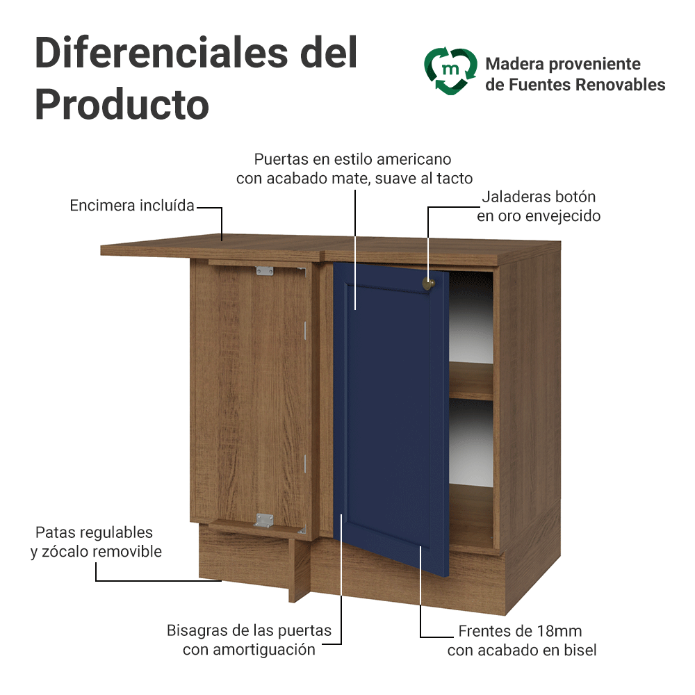 Bajo Mesada esquinero para Linha de 60 cm Profundidade (con Mesada) Marrón/Azul Vik Madesa