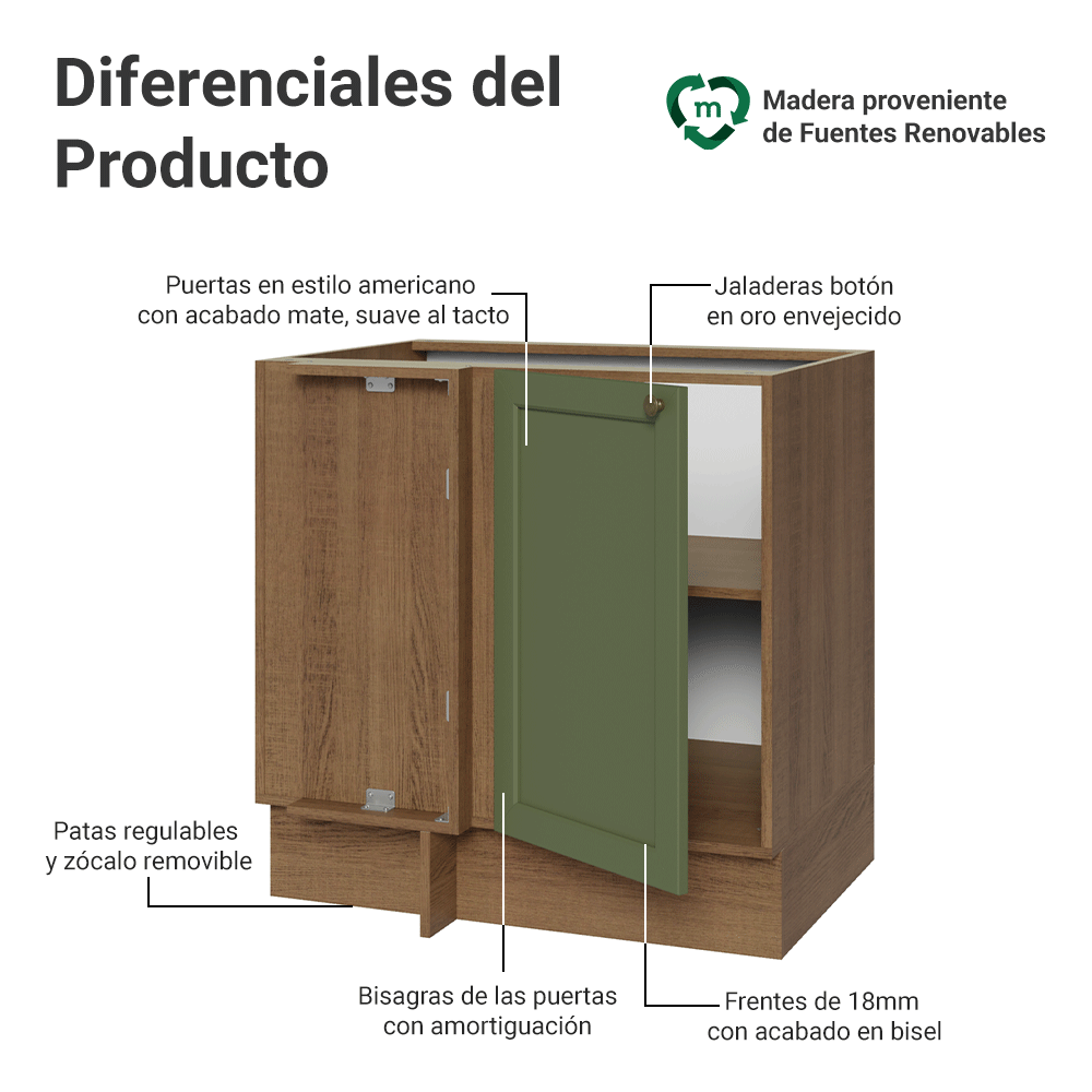 Bajo Mesada esquinero para Linha de 60 cm Profundidade (Sin Mesada) Marrón/verde Vik Madesa