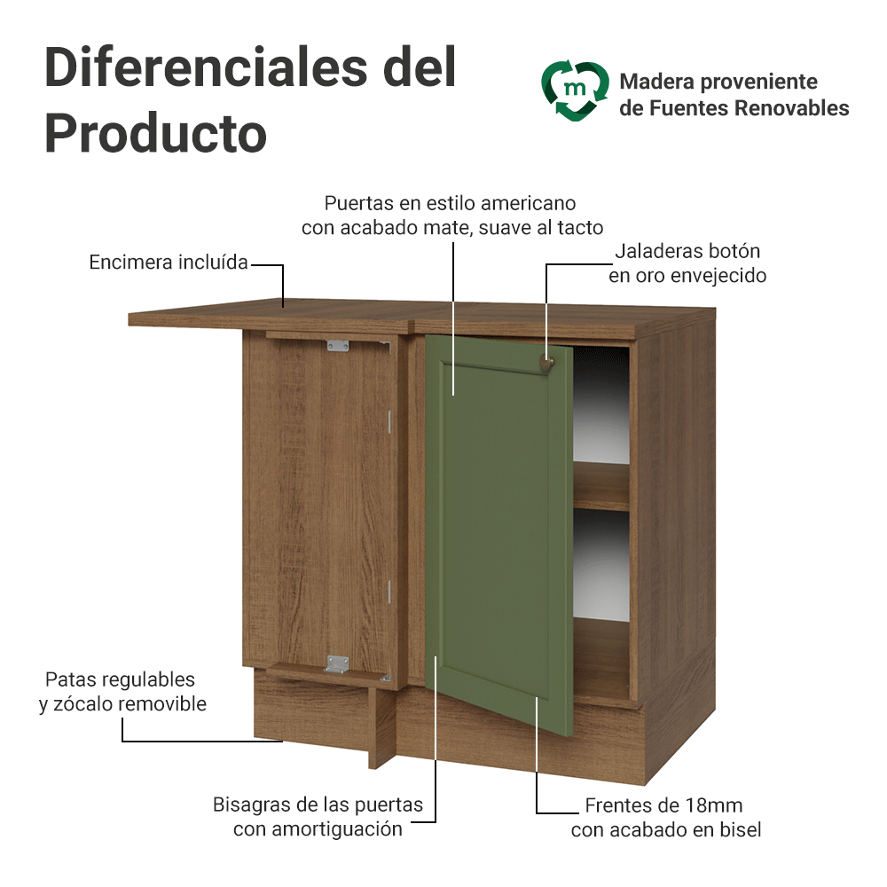 Bajo Mesada esquinero para Linha de 60 cm Profundidade (con Mesada) Marrón/Verde Vik Madesa