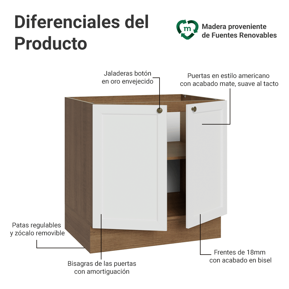 Bajo Mesada de Cocina 80 x 60 cm 2 Puertas (Sin Mesada) Marrón/Blanco Vik Madesa