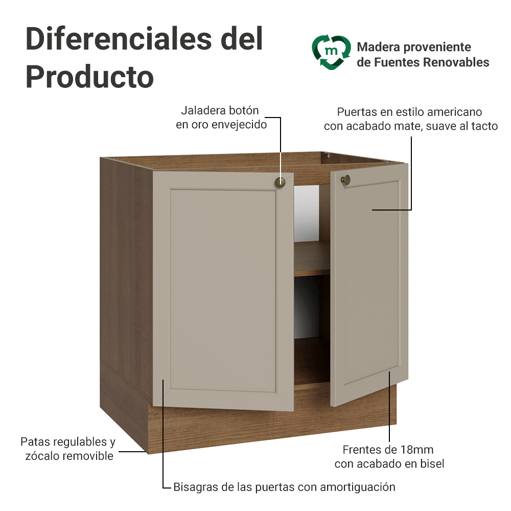Bajo Mesada 80 x 60 cm 2 Puetas (Sin Mesada) Marrón/Crema Vik Madesa