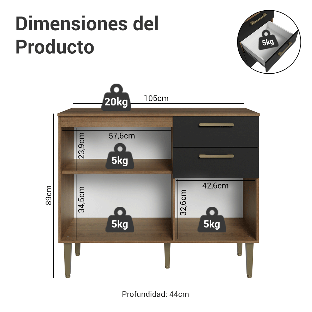 Bajo Mesada para Bacha 105 cm 3 Puertas 2 Cajones (Con Mesada) Marrón/Negro Lille Madesa