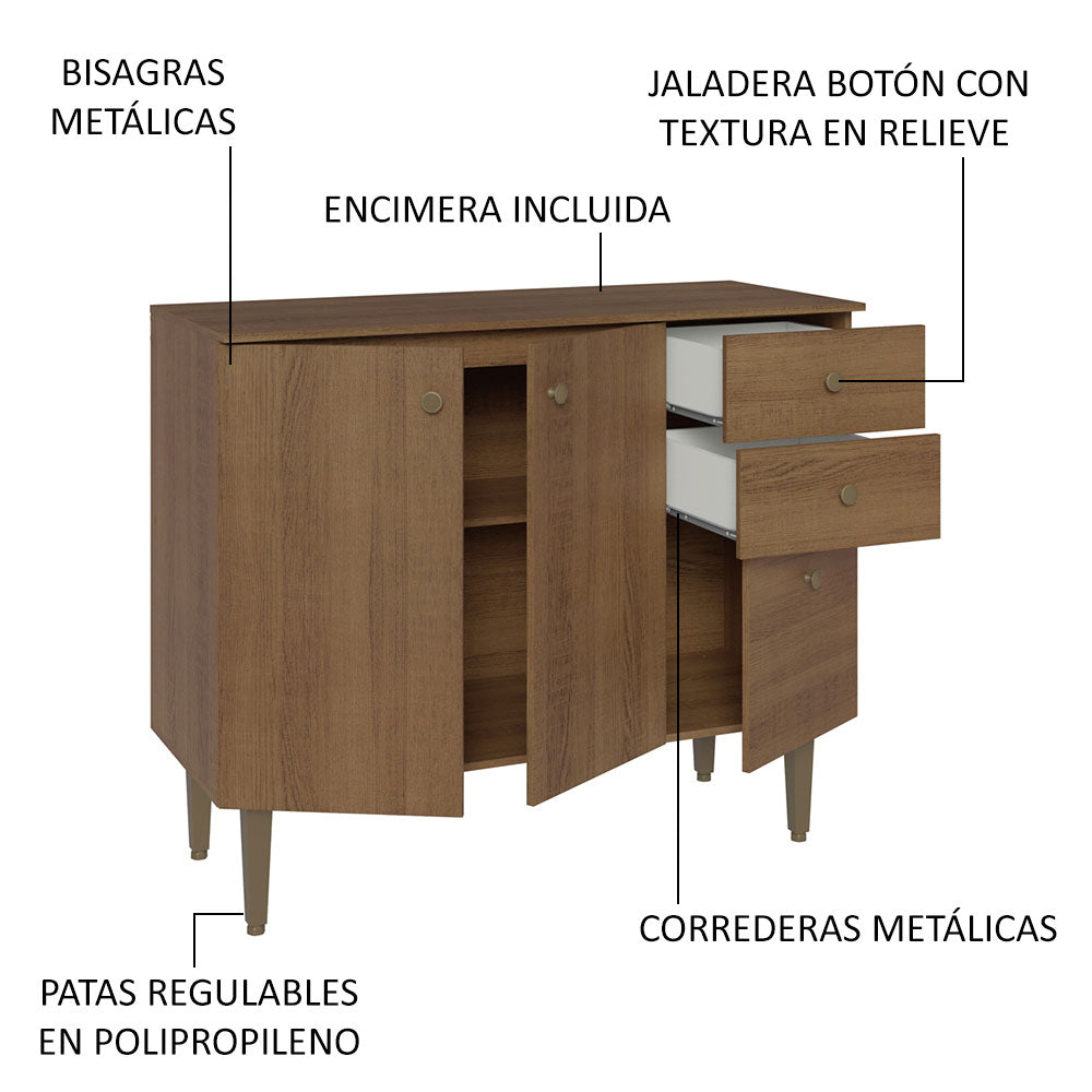 Bajo Mesada para Bacha 105 cm 3 Puertas 2 Cajones (Con Mesada) Marrón Gourmet Madesa