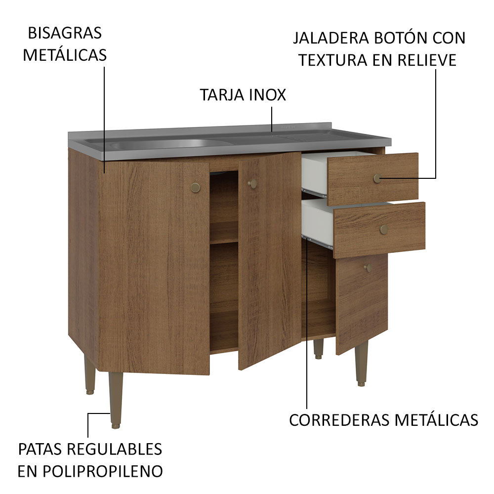 Bajo Mesada 3 Puertas y 2 Cajones 105cm con Bacha Marrón Gourmet