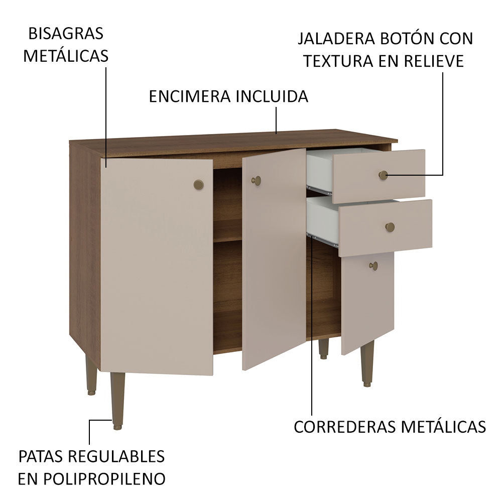 Bajo Mesada para Bacha 105 cm 3 Puertas 2 Cajones (Con Mesada) Marrón/Crema Gourmet Madesa