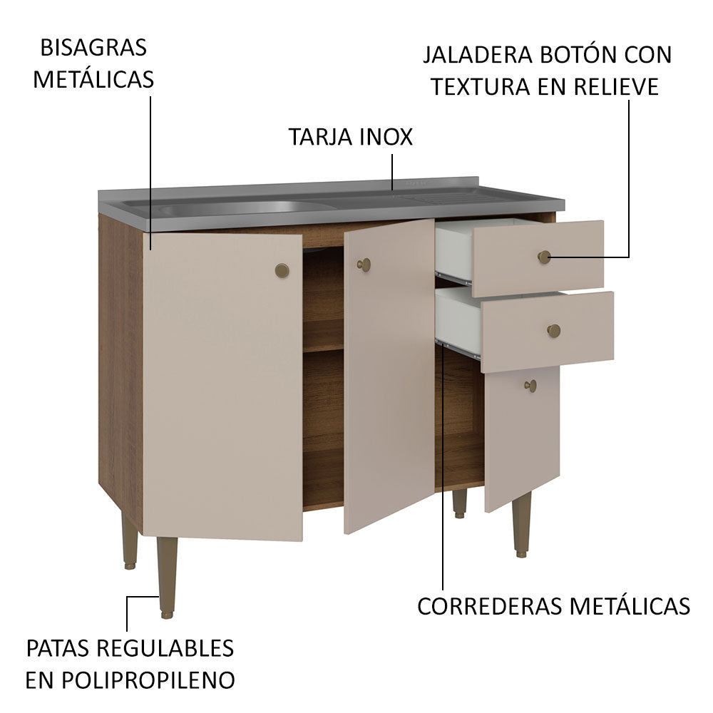 Bajo Mesada 3 Puertas y 2 Cajones 105cm con Bacha Marrón/Crema Gourmet
