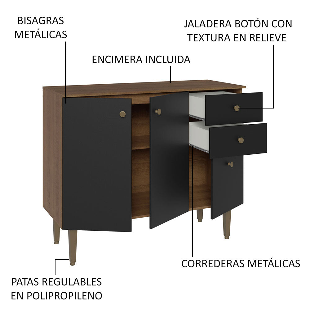 Bajo Mesada para Bacha 105 cm 3 Puertas 2 Cajones (Con Mesada) Marrón/Negro Gourmet Madesa
