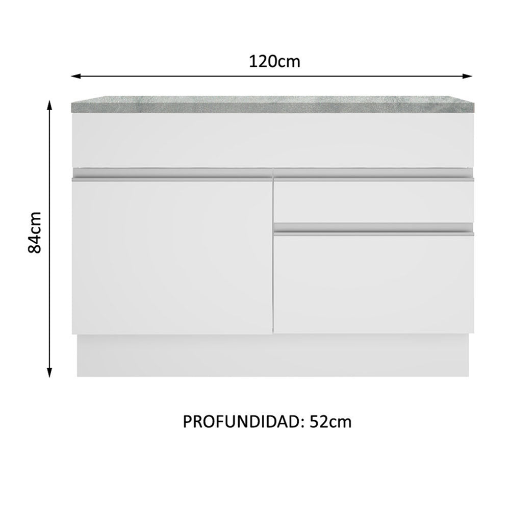 Bajo Mesada para Bacha 120 cm 1 Puerta y 2 Cajones (Con Tapa) Blanco Glamy
