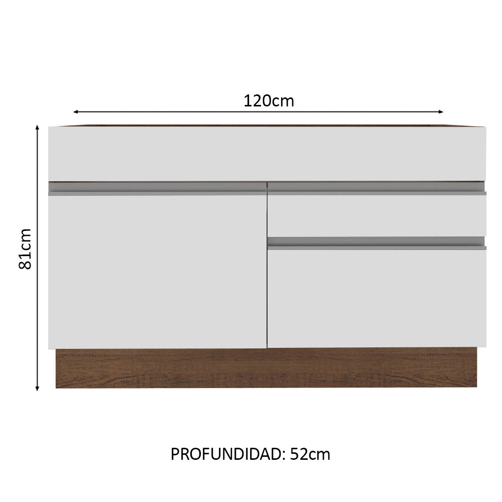 Bajo Mesada para Bacha 120 cm 1 Puerta y 2 Cajones (Sin Tapa ni Bacha) Glamy Marrón/Blanco
