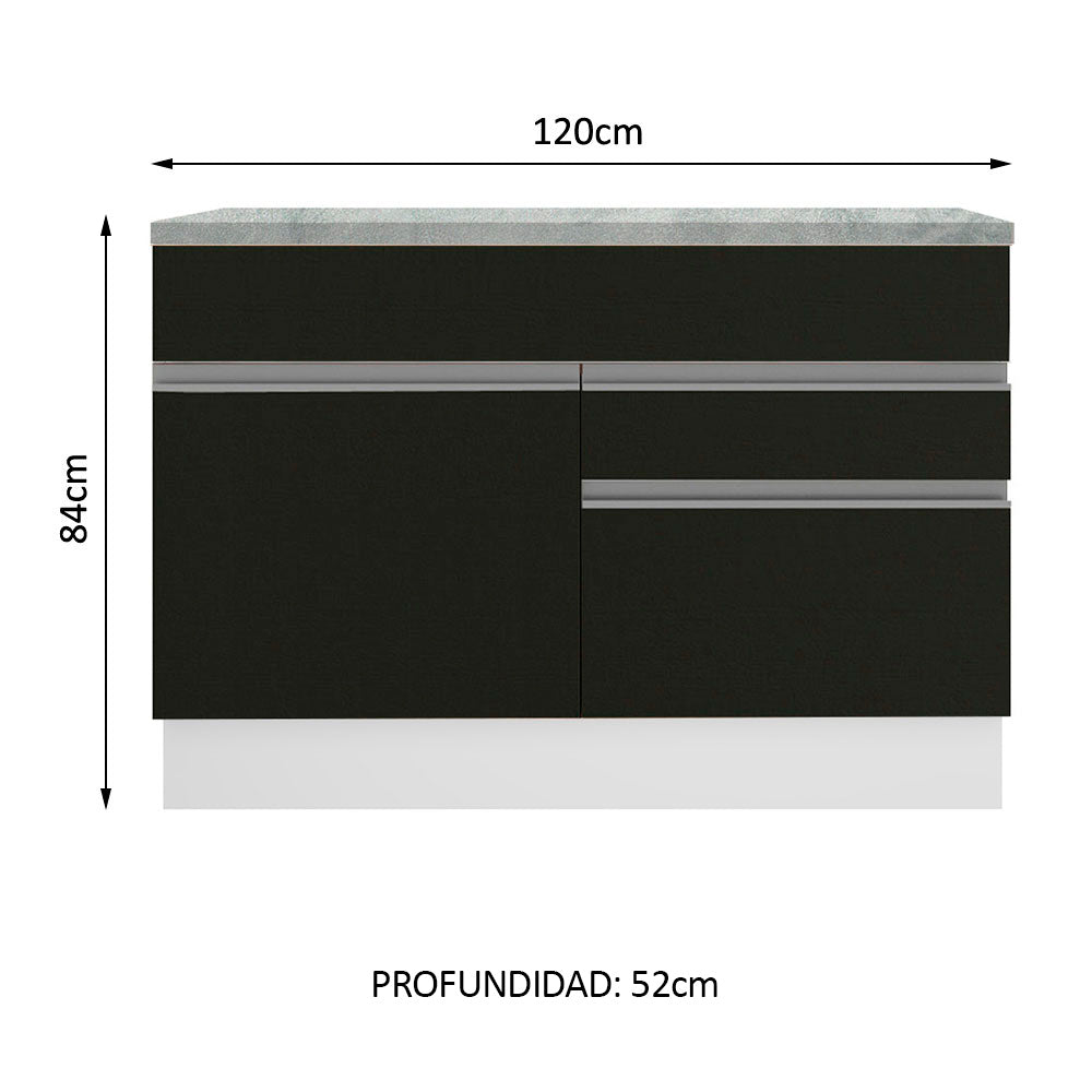 Bajo Mesada de Bacha de acero inoxidable 120cm 1 Puerta 2 Cajones Blanco/Negro (Con Tapa) Glamy