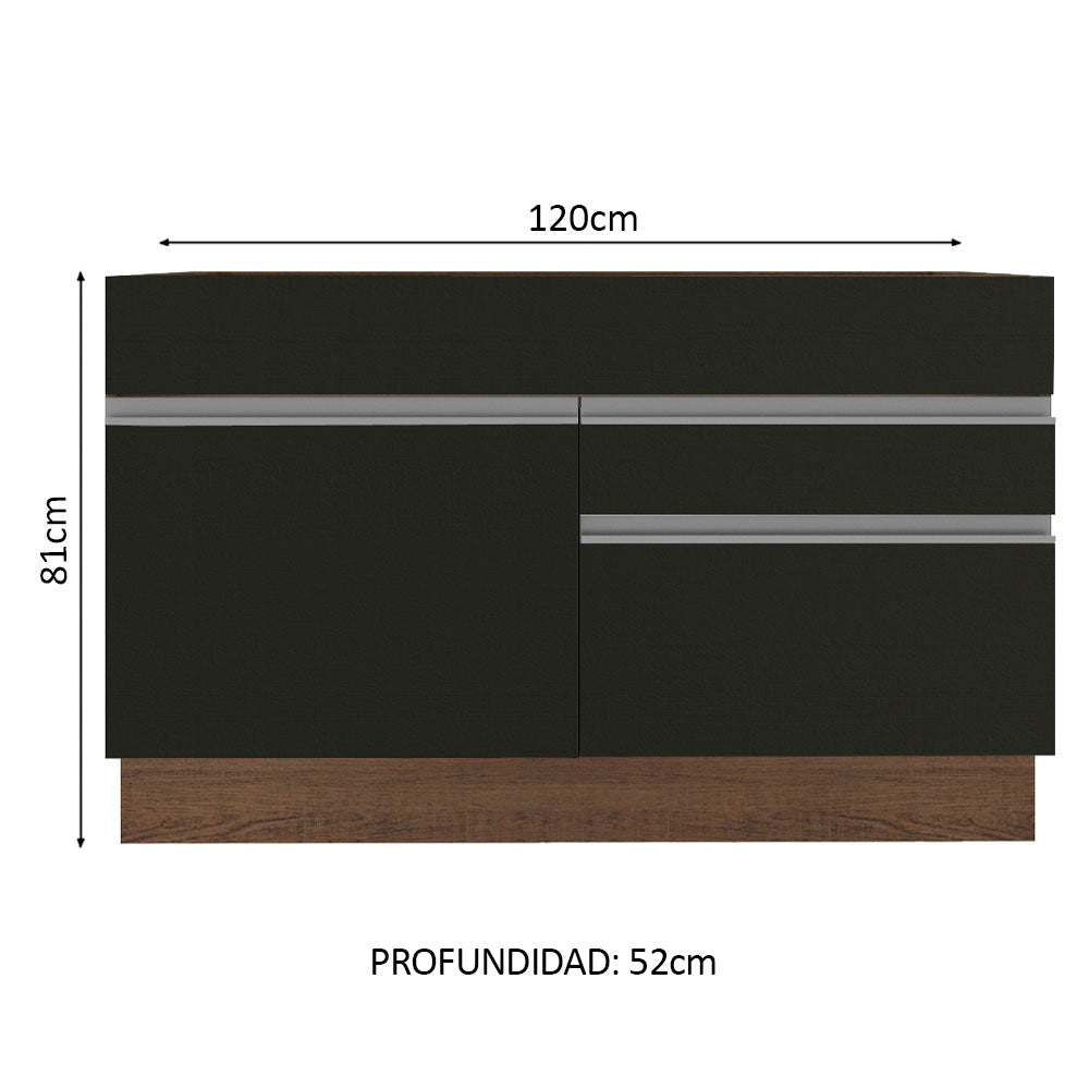 Bajo Mesada de Bacha de acero inoxidable 120cm 1 Puerta 2 Cajones Marrón/Negro (Sin Tapa y Sin Bacha de acero inoxidable) Glamy