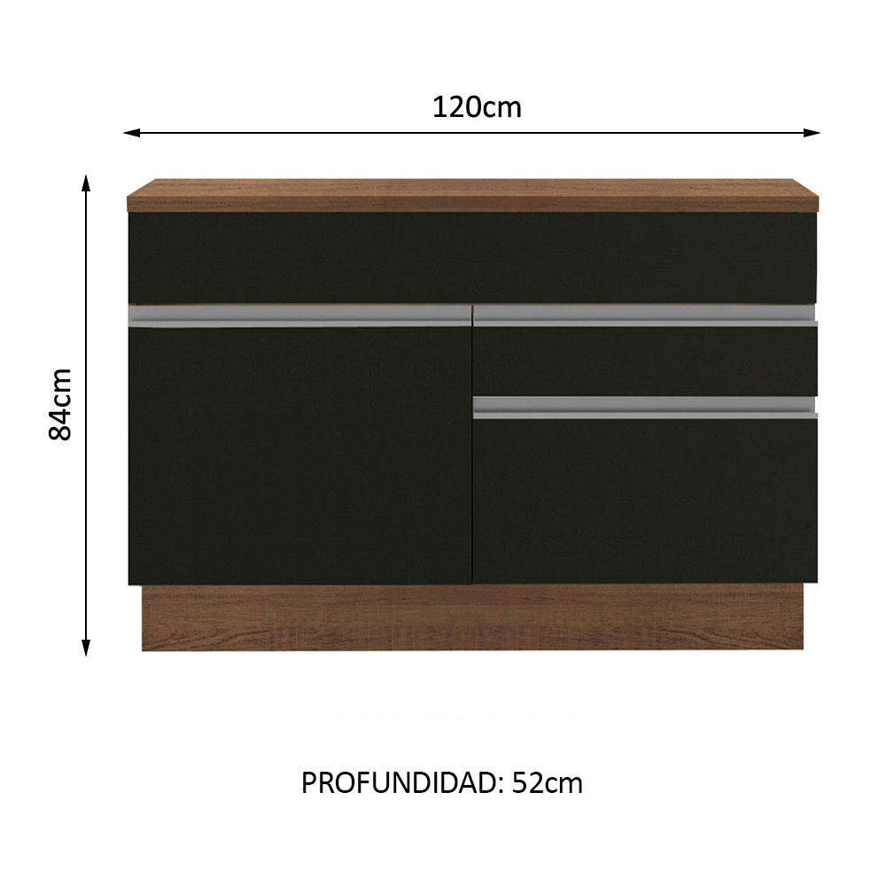 Bajo Mesada de Bacha de acero inoxidable 120cm 1 Puerta 2 Cajones Marrón/Negro (Con Tapa) Glamy