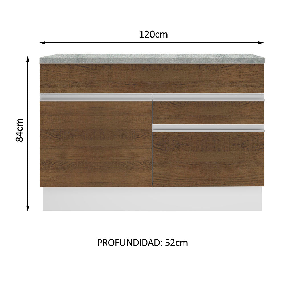 Bajo Mesada para Bacha 120 cm 1 Puerta y 2 Cajones (Con Tapa) Glamy Blanco/Marrón