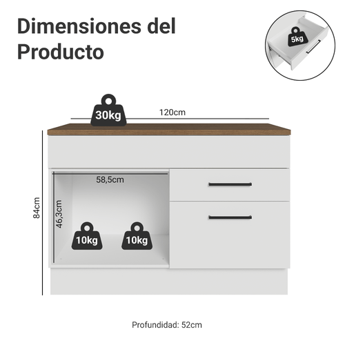 Bajo Mesada 120 cm 2 Puertas 1 Cajón Blanco/Marrón Agata Madesa