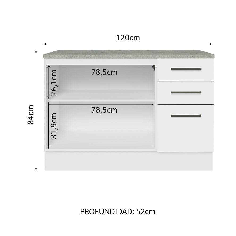 Bajo Mesada Cocina 120 cm 2 Puertas 3 Cajones (Con Mesada) Blanco Agata Madesa