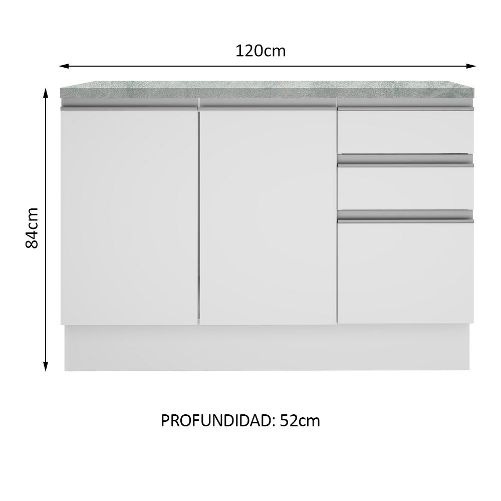 Bajo Mesada para Bacha 120 cm 2 Puertas 3 Cajones (Con Tapa) Glamy Blanco