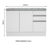 Bajo Mesada para Bacha 120 cm 2 Puertas 3 Cajones (Con Tapa) Glamy Blanco