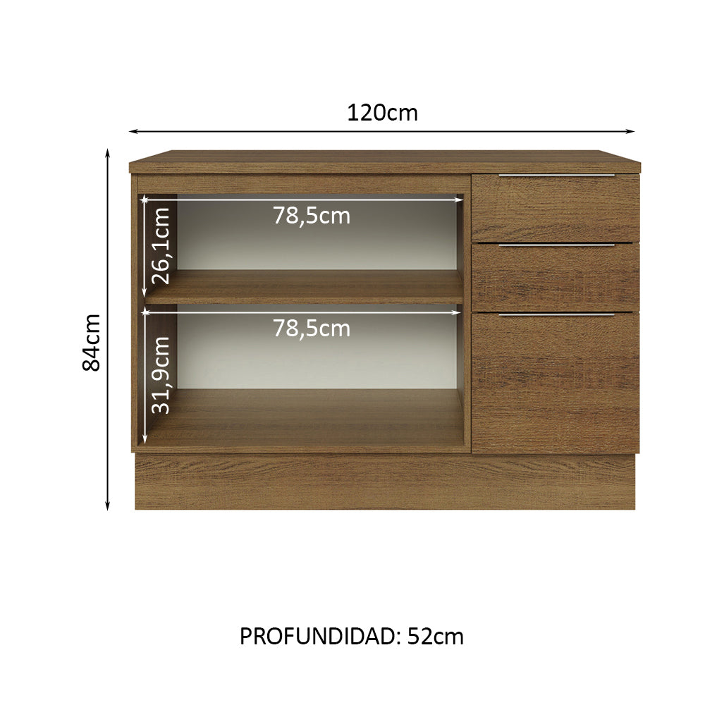 Bajo Mesada Cocina 120 cm 3 Cajones 2 Puertas (Con Mesada) Marrón Stella Madesa