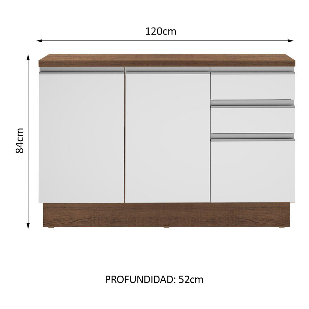 Bajo Mesada 120 x 52 cm 2 Puertas 3 Cajones Marrón/Blanco Glamy Madesa