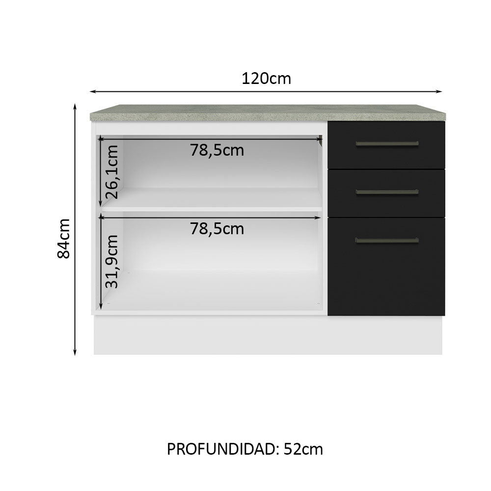 Bajo Mesada Cocina 120 cm 3 Cajones 2 Puertas (Con Mesada) Blanco/Negro Agata Madesa