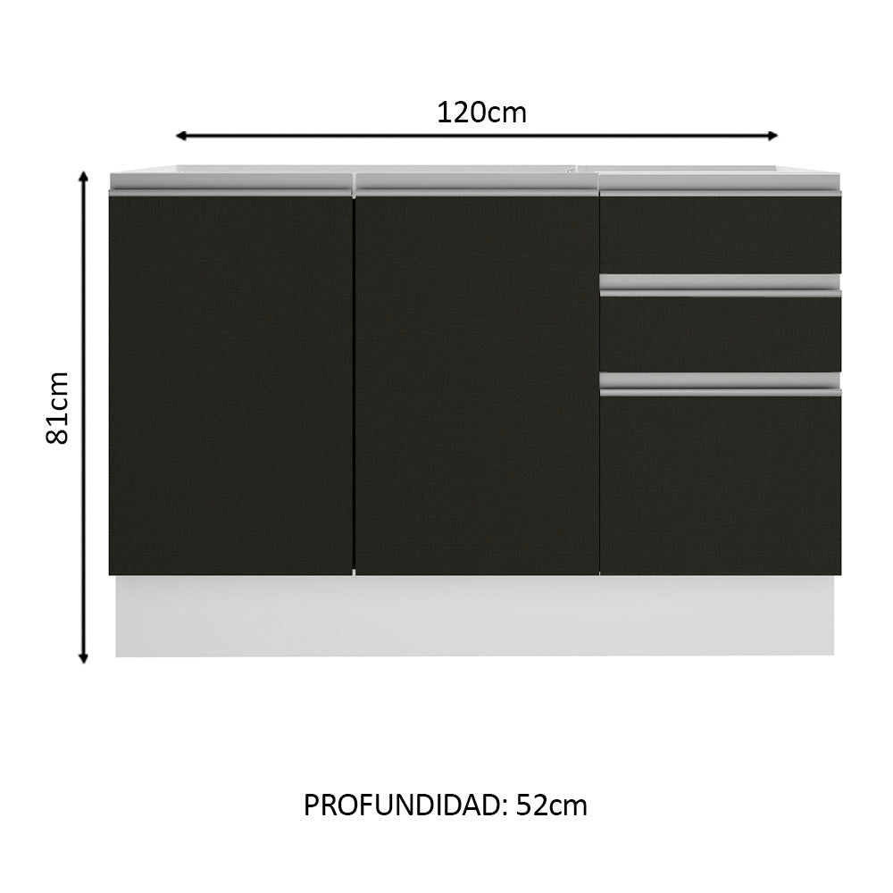 Bajo Mesada 120 x 52 cm 2 Puertas 3 Cajones Sin Mesada Blanco/Negro Glamy Madesa