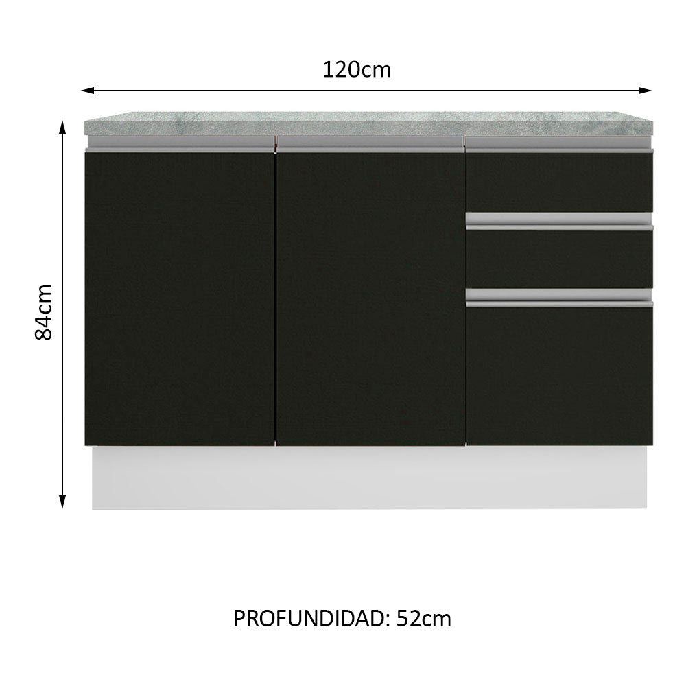 Bajo Mesada para Bacha 120 cm 2 Puertas 3 Cajones (Con Tapa) Glamy Blanco/Negro