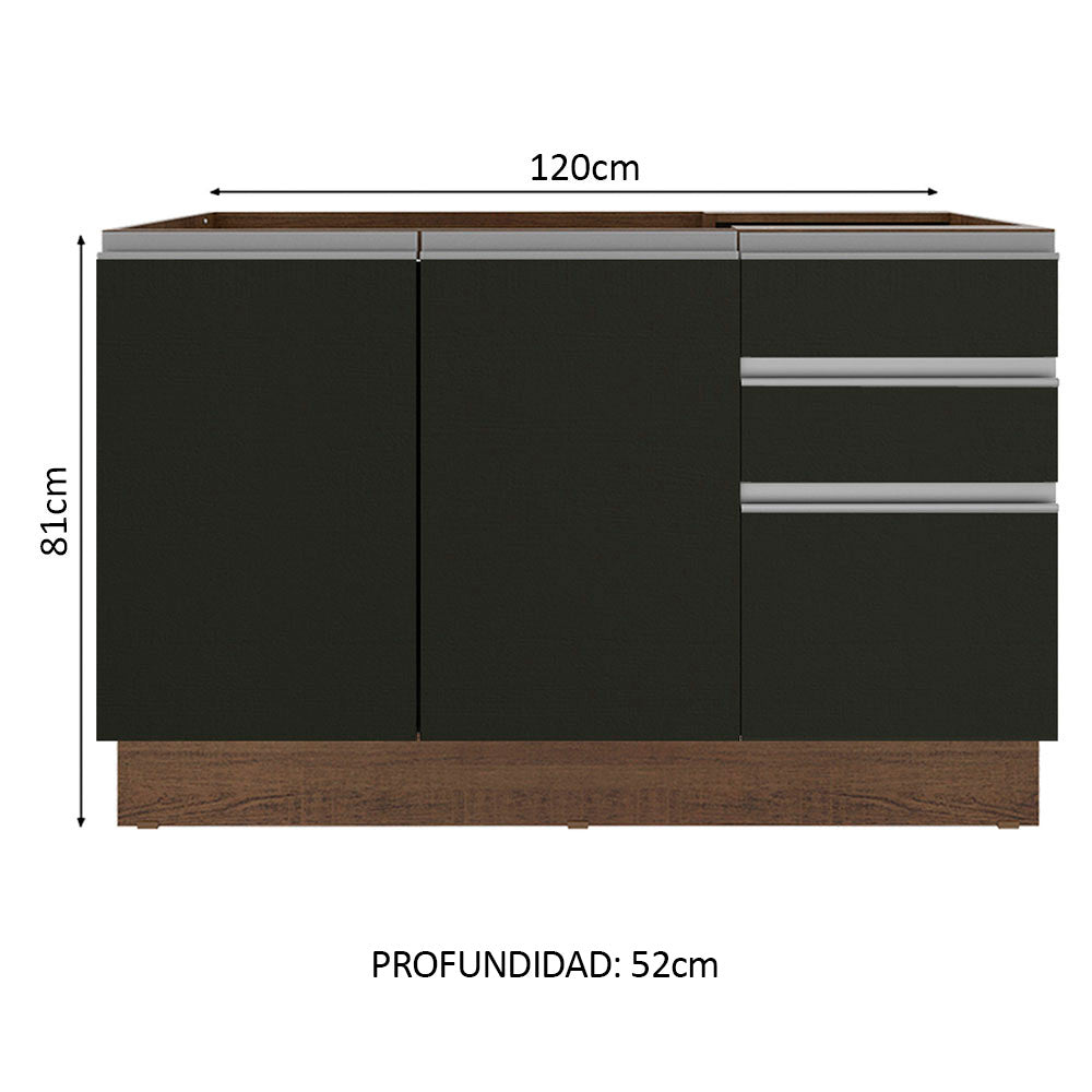 Bajo Mesada para Bacha 120 cm 2 Puertas 3 Cajones (Sin Tapa) Glamy Marrón/Negro