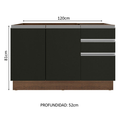 Bajo Mesada 120 cm 2 Puertas 3 Cajones Sin Mesada Marrón/Negro Glamy Madesa