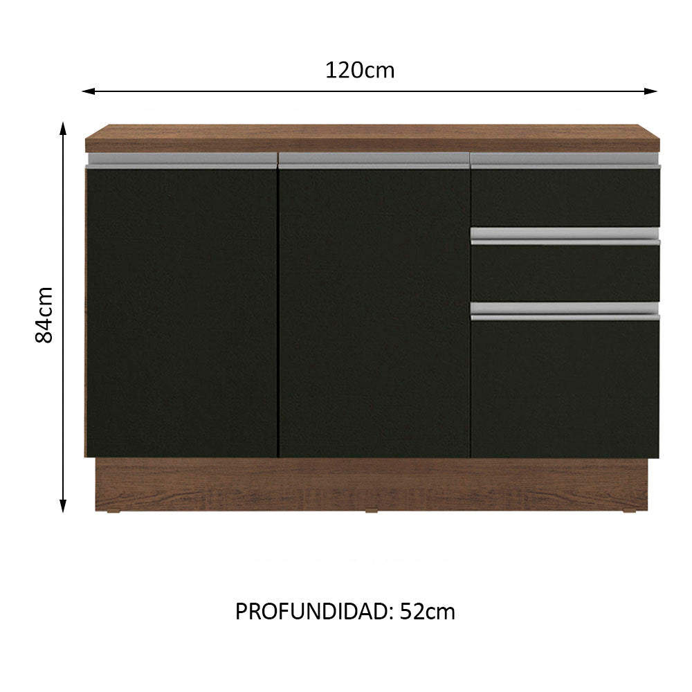 Bajo Mesada para Bacha 120 cm 2 Puertas 3 Cajones (Con Tapa) Glamy Marrón/Negro
