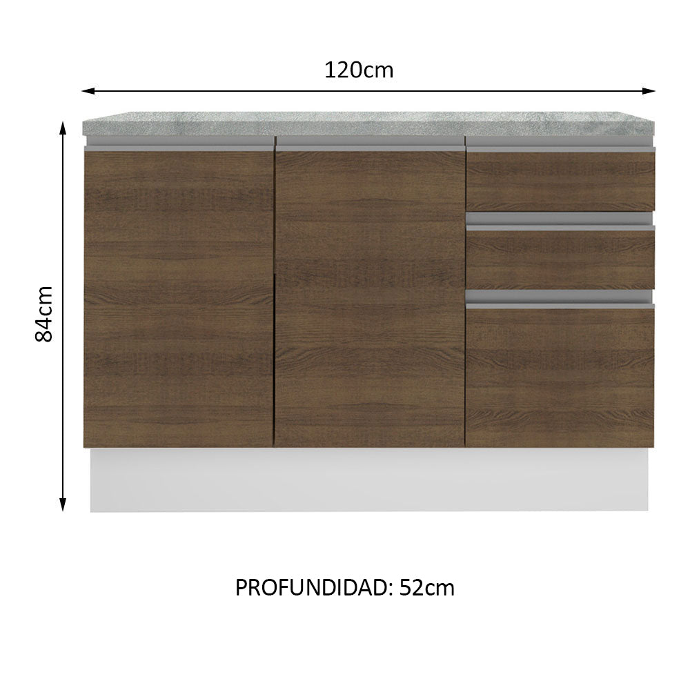 Bajo Mesada para Bacha Glamy 120 cm 2 Puertas y 3 Cajones (Con Tapa) Glamy Blanco/Marrón