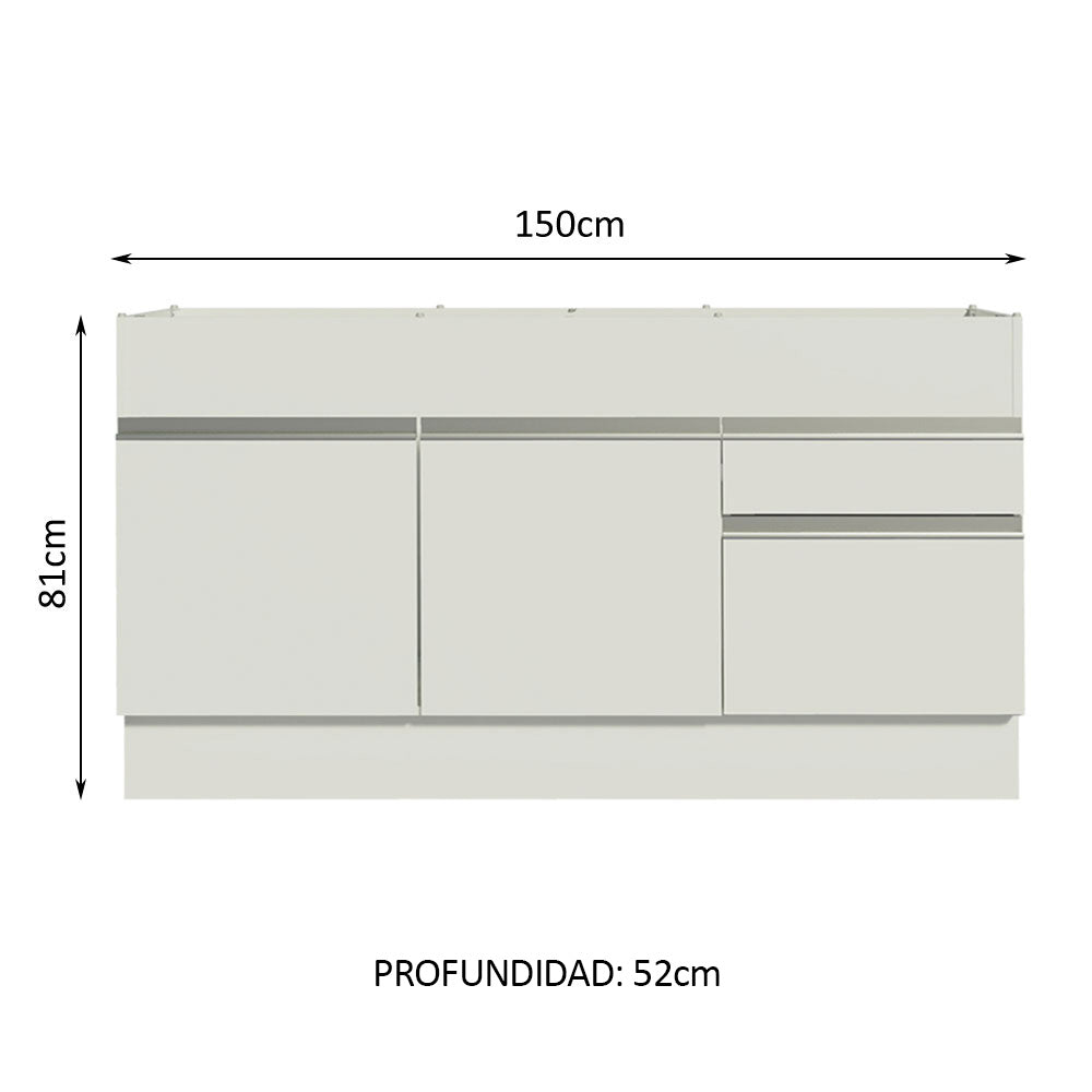 Bajo Mesada para Bacha 150 cm 2 Puertas y 2 Cajones (Sin Mesada) Glamy Blanco