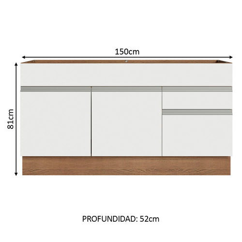 Bajo Mesada 150 cm 2 Puertas 2 Cajones Sin Mesada Marrón/Blanco Glamy Madesa