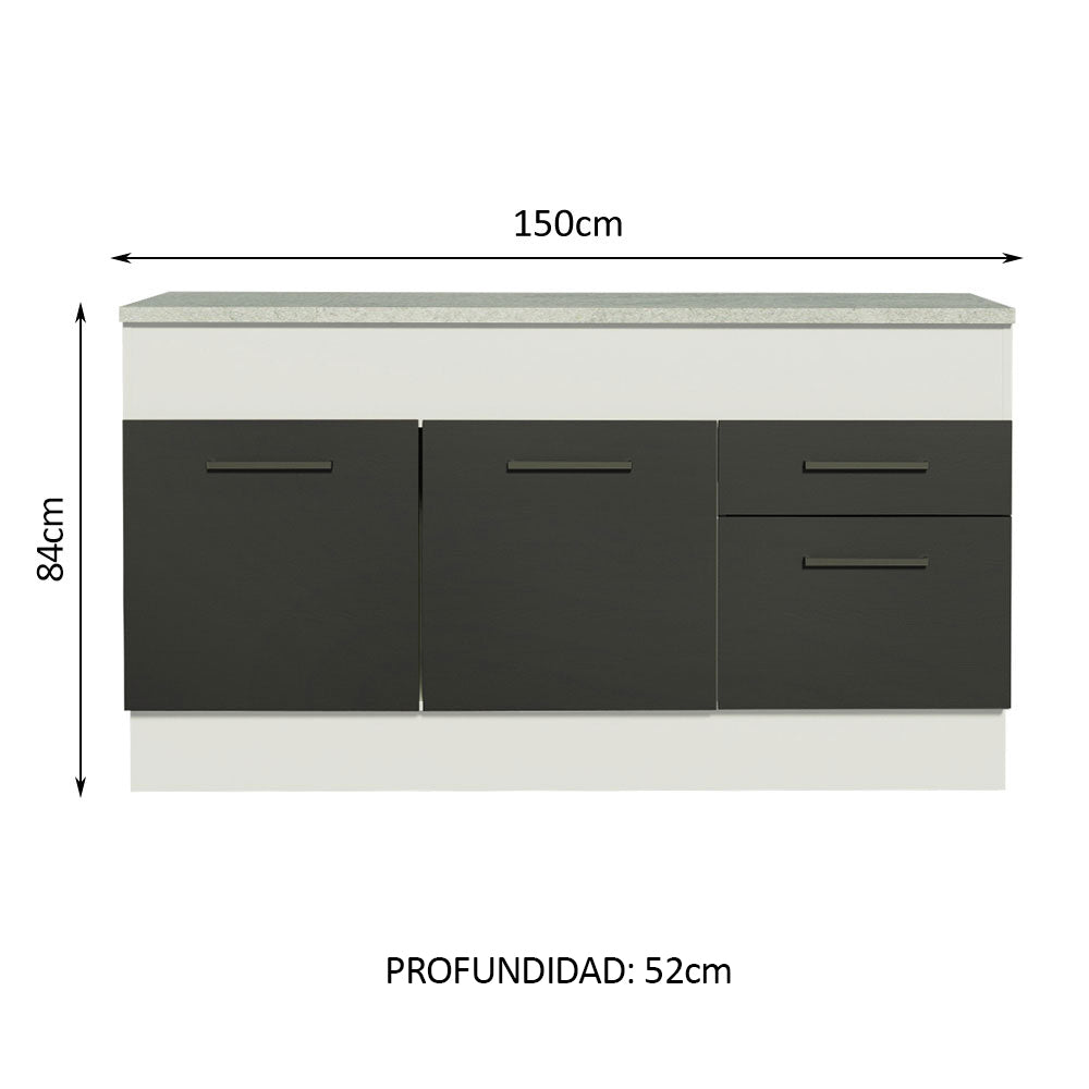 Bajo Mesada Cocina 150 cm 2 Puertas e 2 Cajones (Con Mesada) Blanco/Negro Agata Madesa