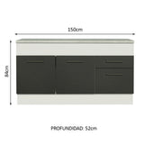 Bajo Mesada Cocina 150 cm 2 Puertas e 2 Cajones (Con Mesada) Blanco/Negro Agata Madesa