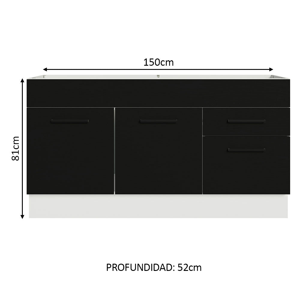 Bajo Mesada Cocina 150 cm 2 Puertas e 2 Cajones (Sin Mesada y Bacha) Blanco/Negro Agata Madesa