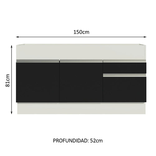 Bajo Mesada 150 cm 2 Puertas 2 Cajones Sin Mesada Blanco/Negro Glamy Madesa
