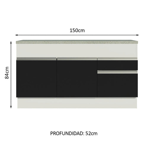 Bajo Mesada 150 cm 2 Puertas 2 Cajones Blanco/Negro Glamy Madesa
