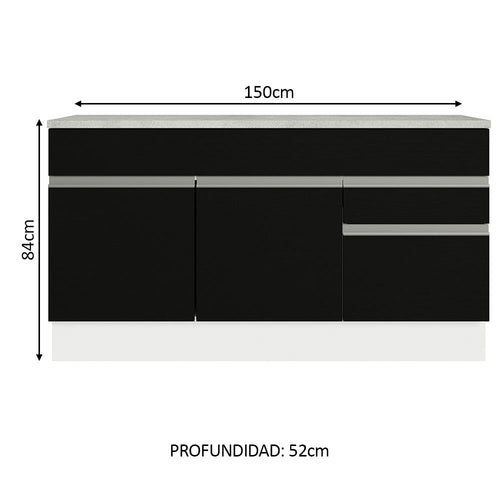Bajo Mesada 150 cm 2 Puertas 2 Cajones Blanco/Negro Glamy Madesa