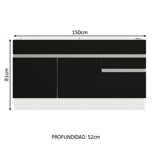 Bajo Mesada 150 cm 2 Puertas 2 Cajones Sin Mesada Blanco/Negro Glamy Madesa