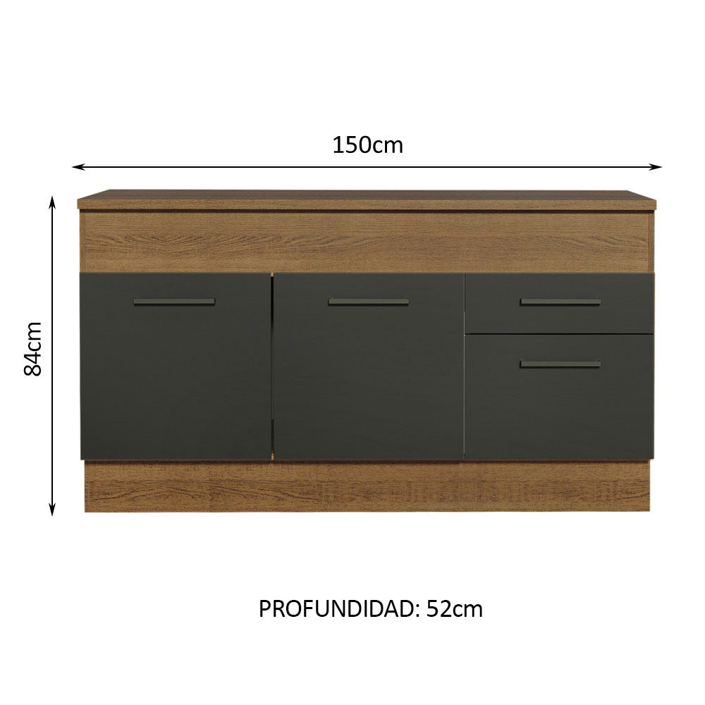 Bajo Mesada Cocina 150 cm 2 Puertas e 2 Cajones (Con Mesada) Marrón/Negro Agata Madesa