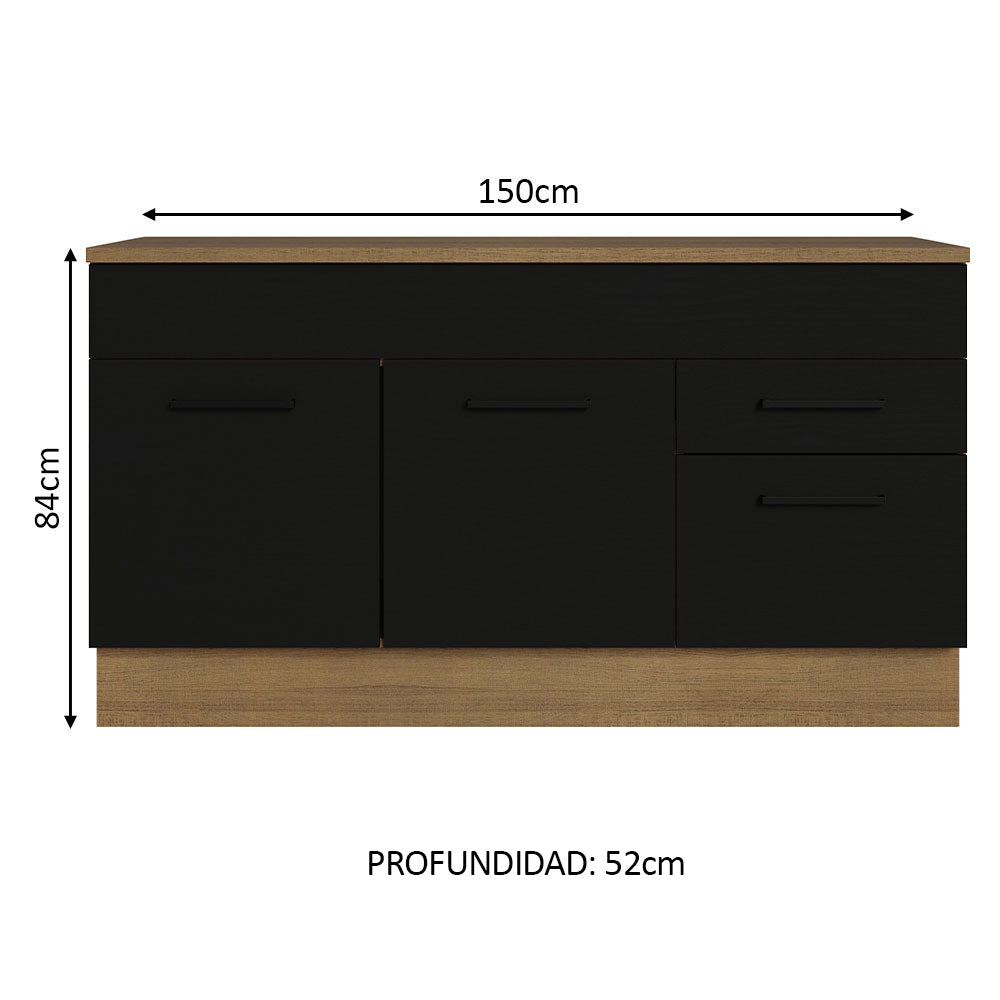 Bajo Mesada Cocina 150 cm 2 Cajones 2 Puertas (Con Mesada) Marrón/Negro Agata Madesa