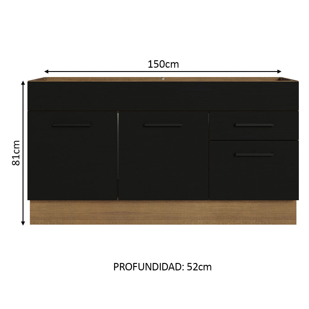Bajo Mesada Cocina 150 cm 2 Puertas e 2 Cajones (Sin Mesada y Bacha) Marrón/Negro Agata Madesa