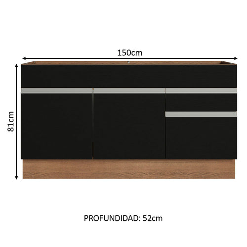 Bajo Mesada 150 cm 2 Puertas 2 Cajones Sin Mesada Marrón/Negro Glamy Madesa