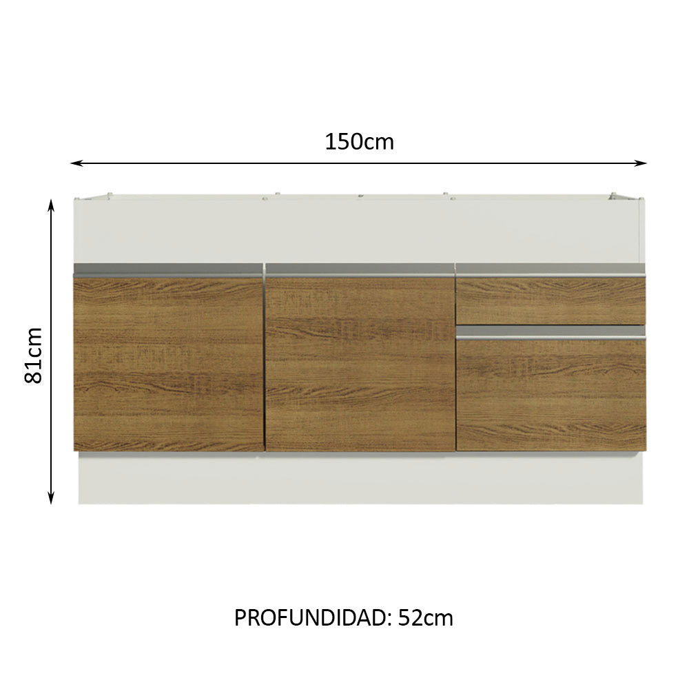 Bajo Mesada para Bacha 150 cm 2 Puertas y 2 Cajones (Sin Mesada) Glamy Blanco/Marrón