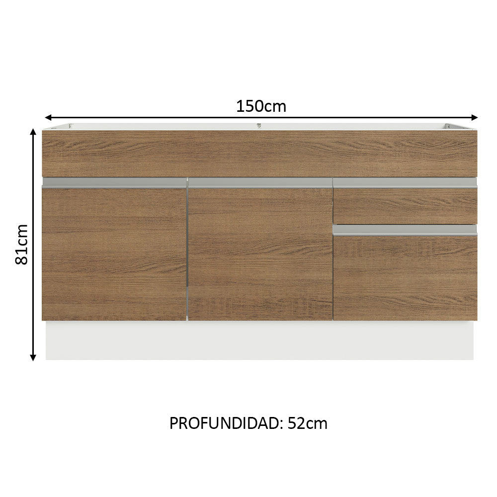 Bajo Mesada para Bacha 150 cm 2 Puertas y 2 Cajones (Sin Tapa ni Bacha) Glamy Blanco/Marrón