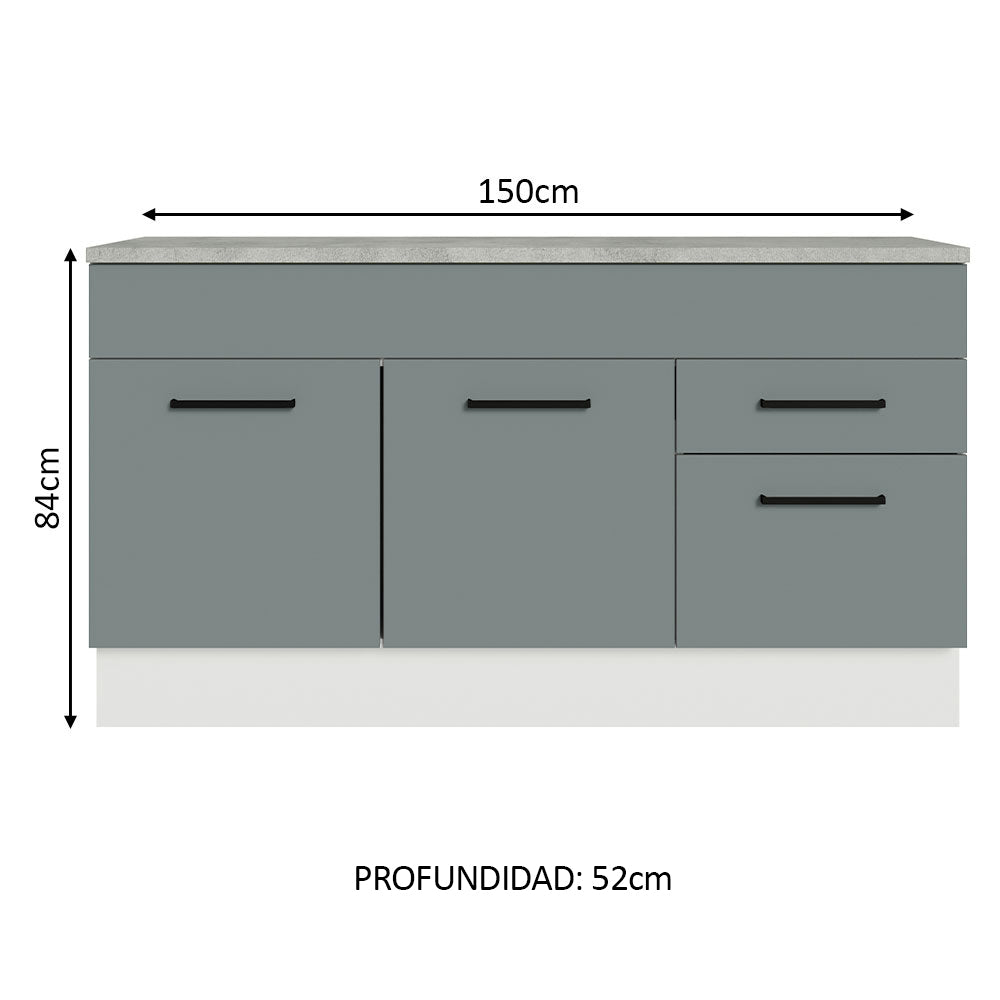 Bajo Mesada Cocina 150 cm 2 Cajones 2 Puertas (Con Mesada) Blanco/Gris Agata Madesa