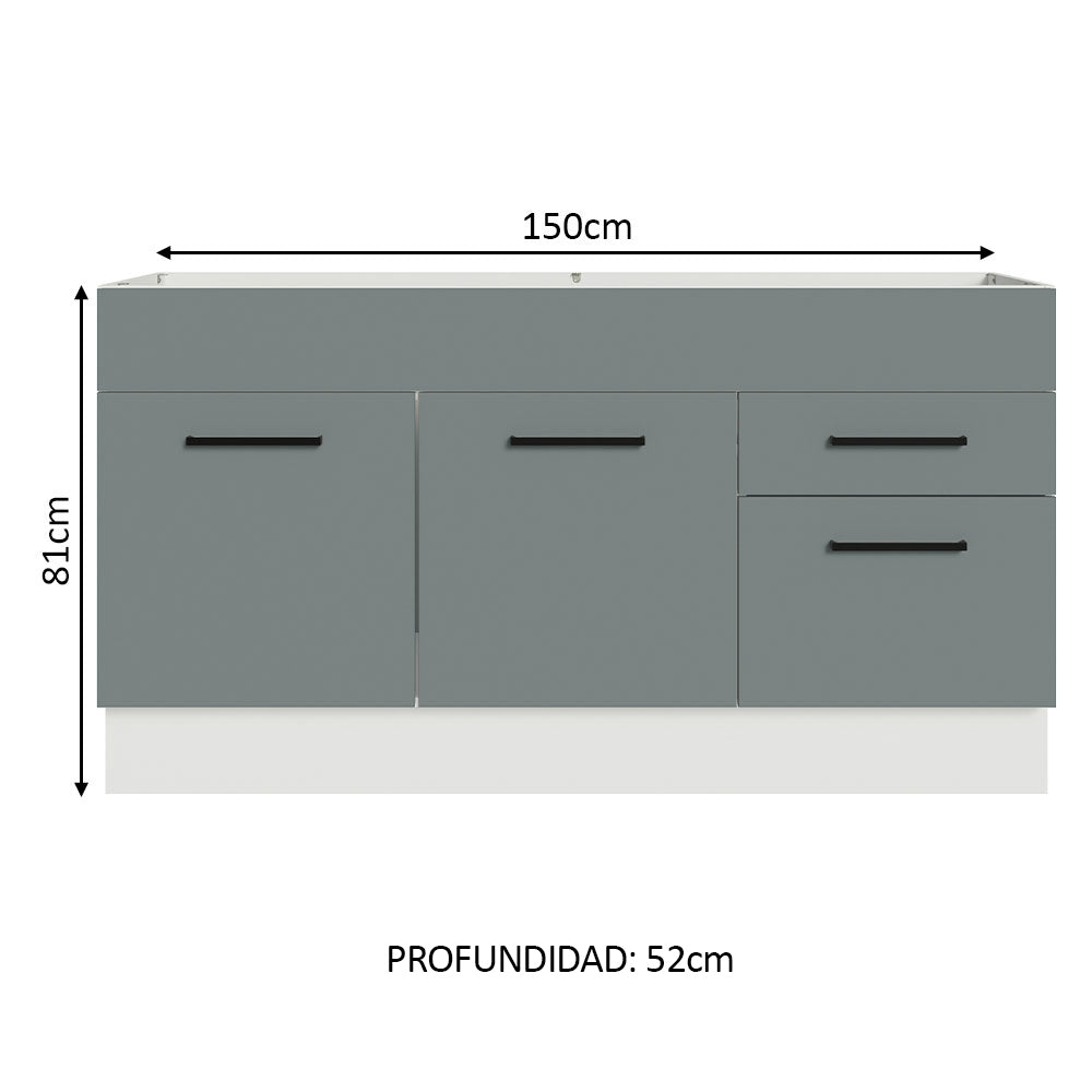 Bajo Mesada Cocina 150 cm 2 Puertas e 2 Cajones (Sin Mesada y Bacha) Blanco/Gris Agata Madesa