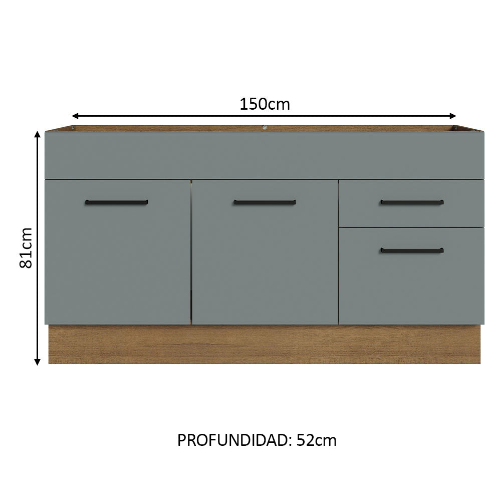 Bajo Mesada Cocina 150 cm 2 Puertas e 2 Cajones (Sin Mesada y Bacha) Marrón/Gris Agata Madesa