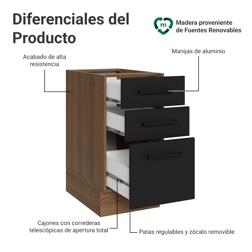 Bajo Mesada 40 cm 3 Cajones Sin Mesada Marrón/Negro Agata Madesa